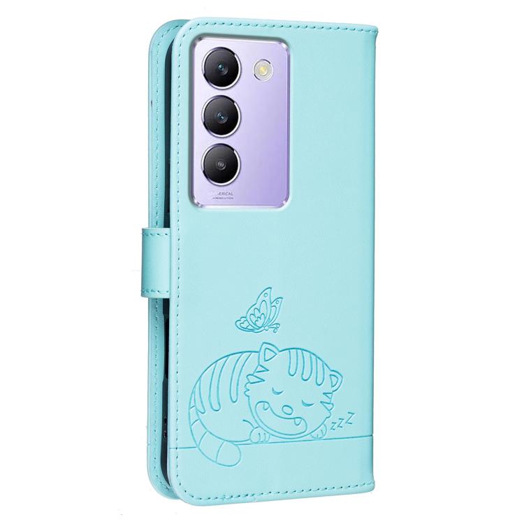 For vivo Y200e Cat Butterfly Embossed RFID Vegan Leather Phone Case with Strap