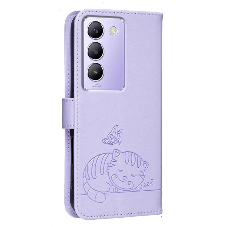 For vivo Y200e Cat Butterfly Embossed RFID Vegan Leather Phone Case with Strap