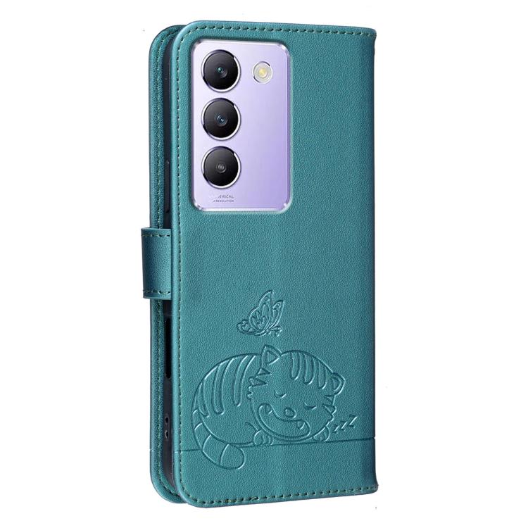 For vivo Y200e Cat Butterfly Embossed RFID Vegan Leather Phone Case with Strap