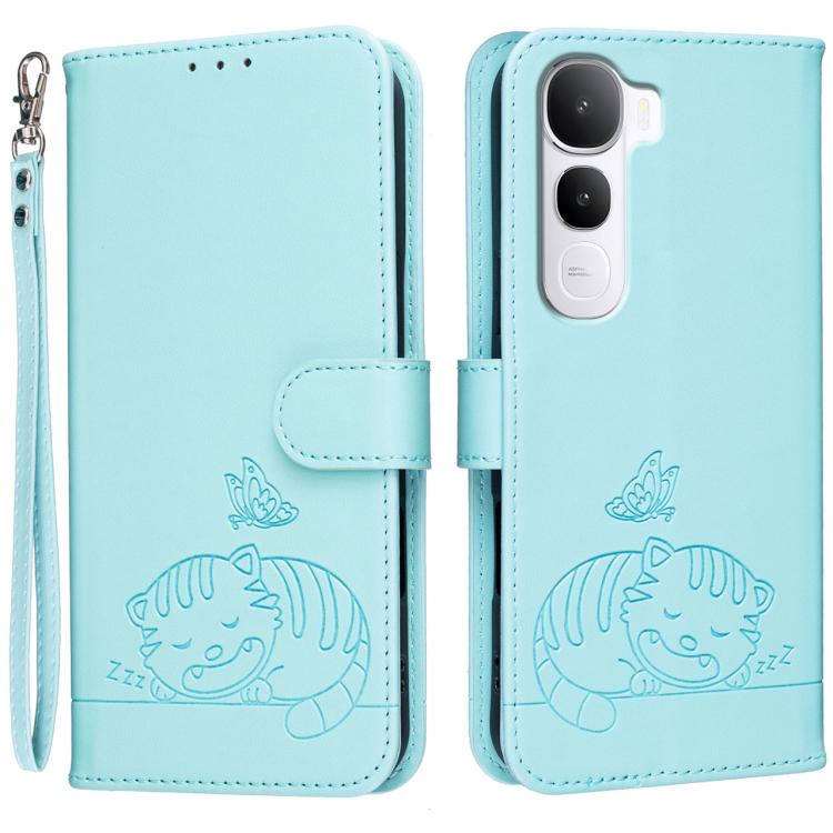 For vivo Y400 5G Cat Butterfly Embossed RFID Vegan Leather Phone Case with Strap