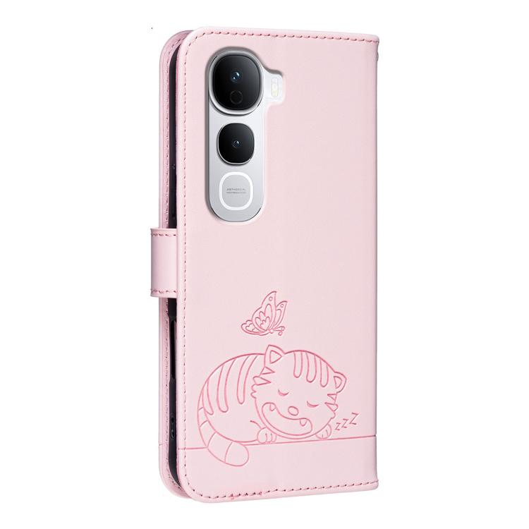 For vivo Y400 Pro 5G Cat Butterfly Embossed RFID Vegan Leather Phone Case with Strap