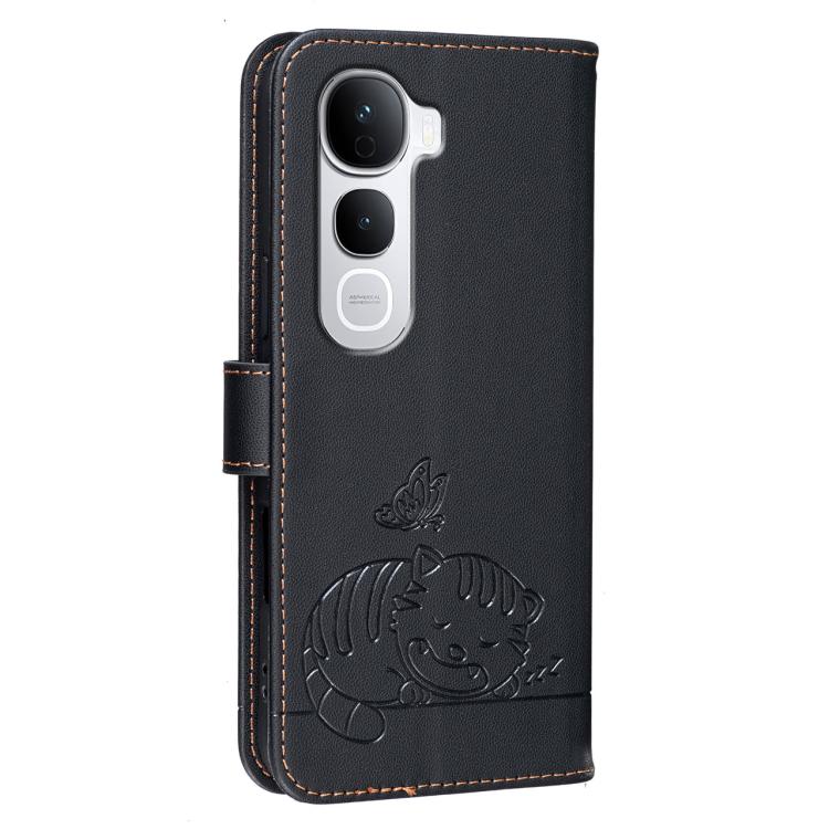 For vivo Y400 Pro 5G Cat Butterfly Embossed RFID Vegan Leather Phone Case with Strap