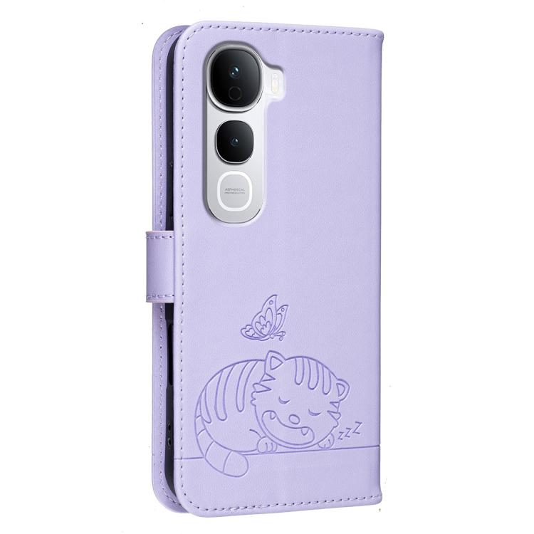 For vivo Y400 Pro 5G Cat Butterfly Embossed RFID Vegan Leather Phone Case with Strap