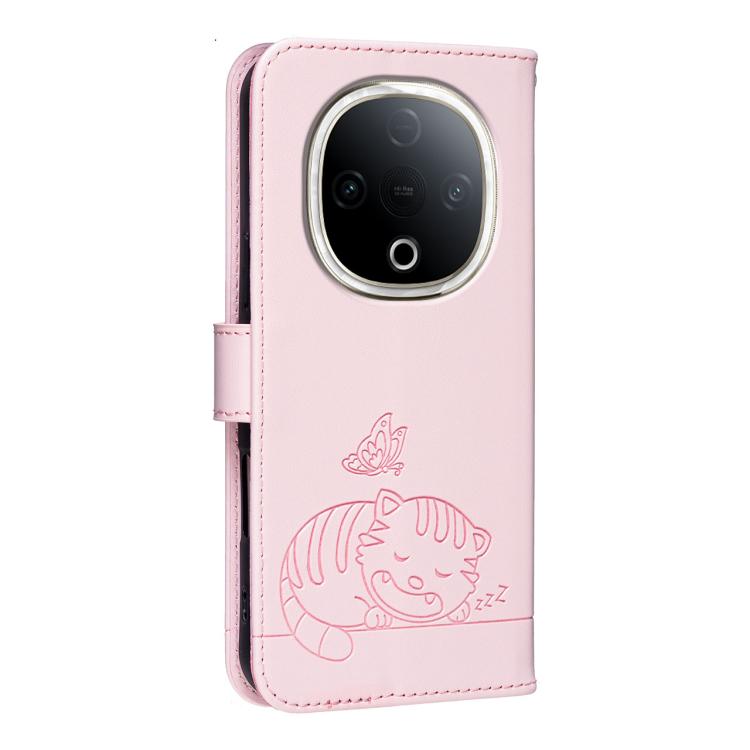 For vivo Y300 Cat Butterfly Embossed RFID Vegan Leather Phone Case with Strap
