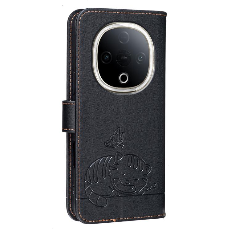 For vivo Y300 Cat Butterfly Embossed RFID Vegan Leather Phone Case with Strap