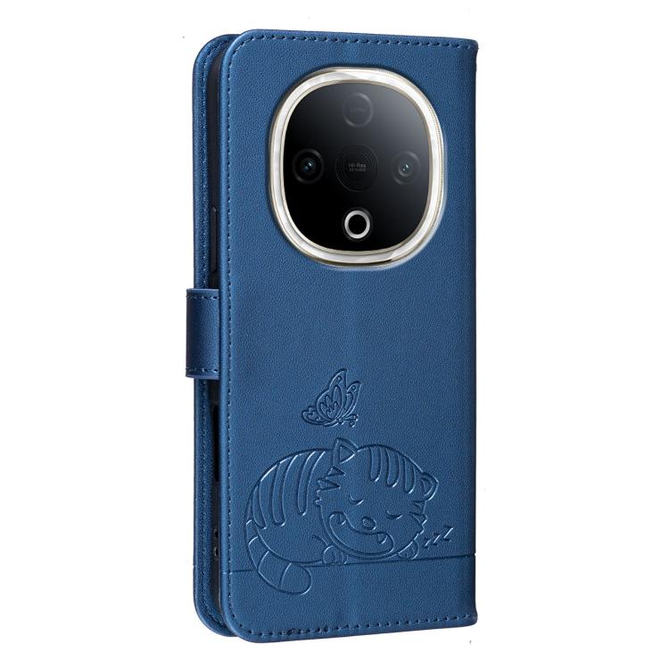 For vivo Y300 Cat Butterfly Embossed RFID Vegan Leather Phone Case with Strap