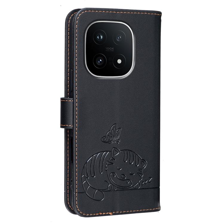 For vivo iQOO 15 Cat Butterfly Embossed RFID Vegan Leather Phone Case with Strap