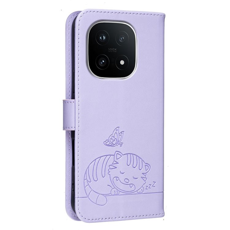 For vivo iQOO 15 Cat Butterfly Embossed RFID Vegan Leather Phone Case with Strap