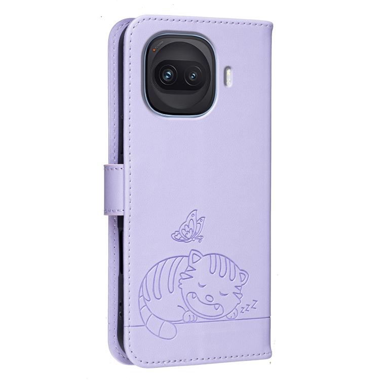 For vivo iQOO Z11 Turbo 5G Cat Butterfly Embossed RFID Vegan Leather Phone Case with Strap