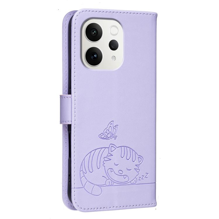 For vivo S50 5G Cat Butterfly Embossed RFID Vegan Leather Phone Case with Strap