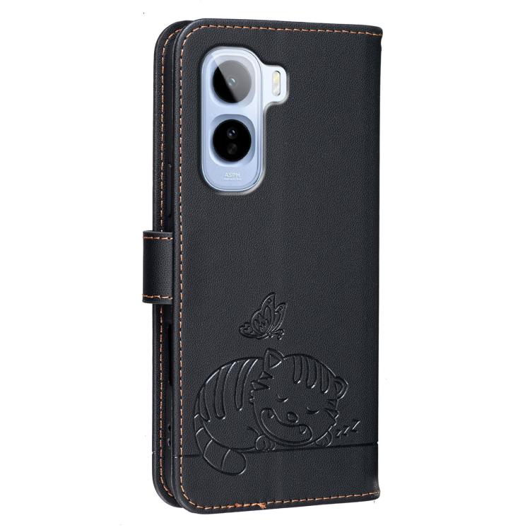 For vivo T5 Pro 5G Cat Butterfly Embossed RFID Vegan Leather Phone Case with Strap