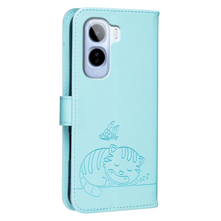 For vivo T5 Pro 5G Cat Butterfly Embossed RFID Vegan Leather Phone Case with Strap