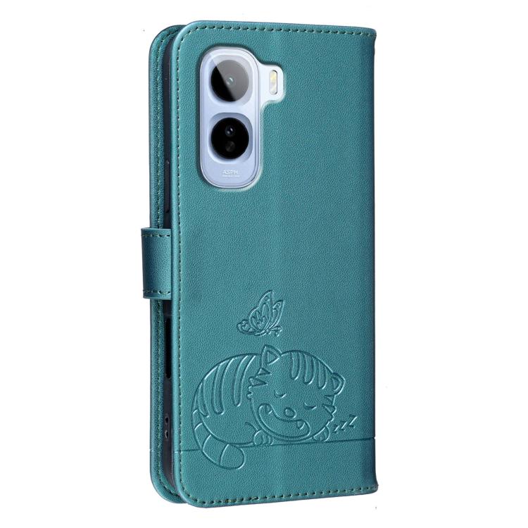 For vivo T5 Pro 5G Cat Butterfly Embossed RFID Vegan Leather Phone Case with Strap