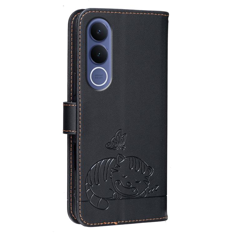 For vivo V70 FE 5G Cat Butterfly Embossed RFID Vegan Leather Phone Case with Strap