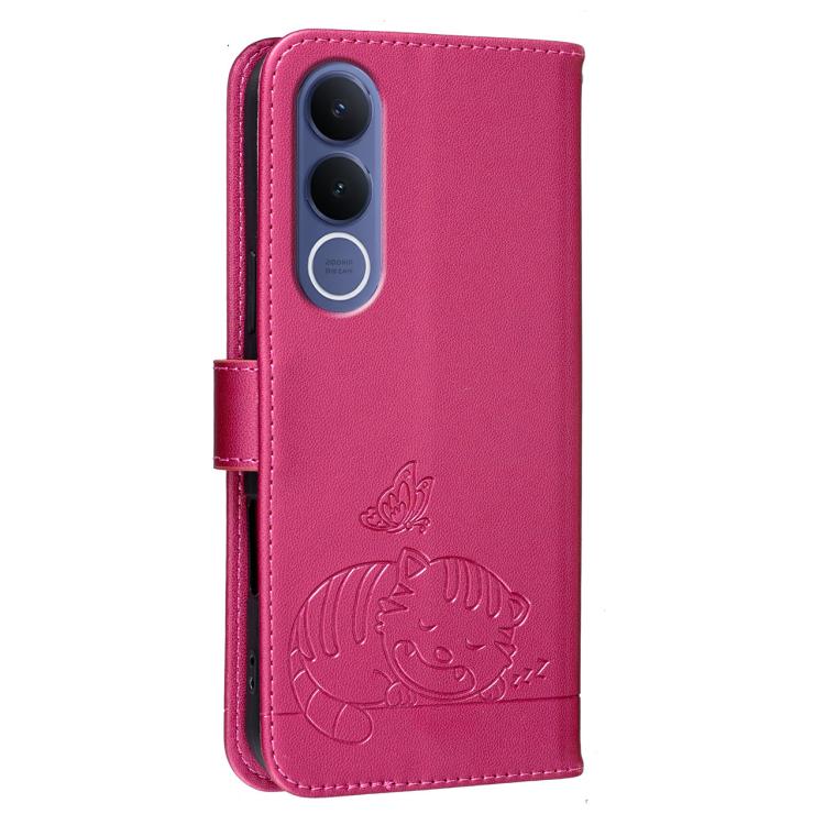 For vivo V70 FE 5G Cat Butterfly Embossed RFID Vegan Leather Phone Case with Strap