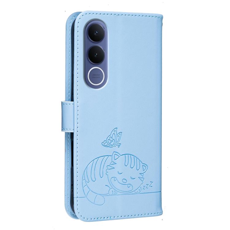 For vivo V70 FE 5G Cat Butterfly Embossed RFID Vegan Leather Phone Case with Strap