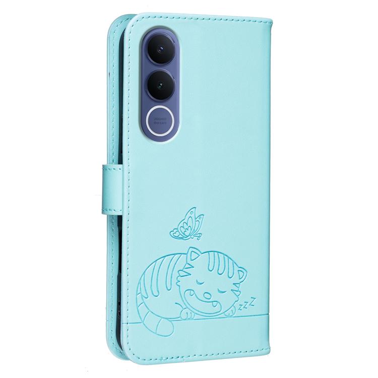 For vivo V70 FE 5G Cat Butterfly Embossed RFID Vegan Leather Phone Case with Strap