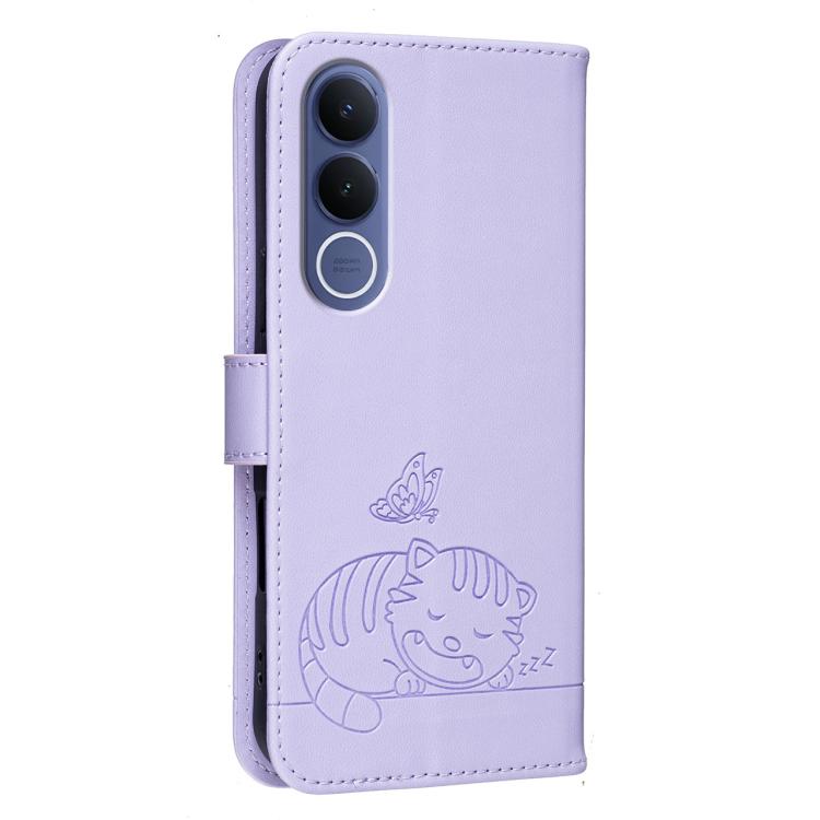 For vivo V70 FE 5G Cat Butterfly Embossed RFID Vegan Leather Phone Case with Strap
