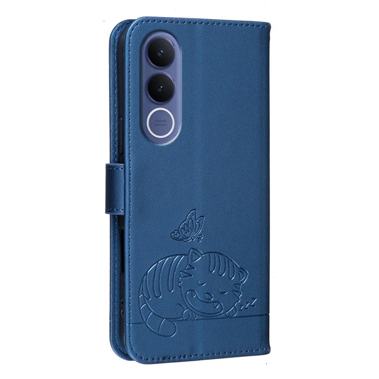 For vivo V70 FE 5G Cat Butterfly Embossed RFID Vegan Leather Phone Case with Strap