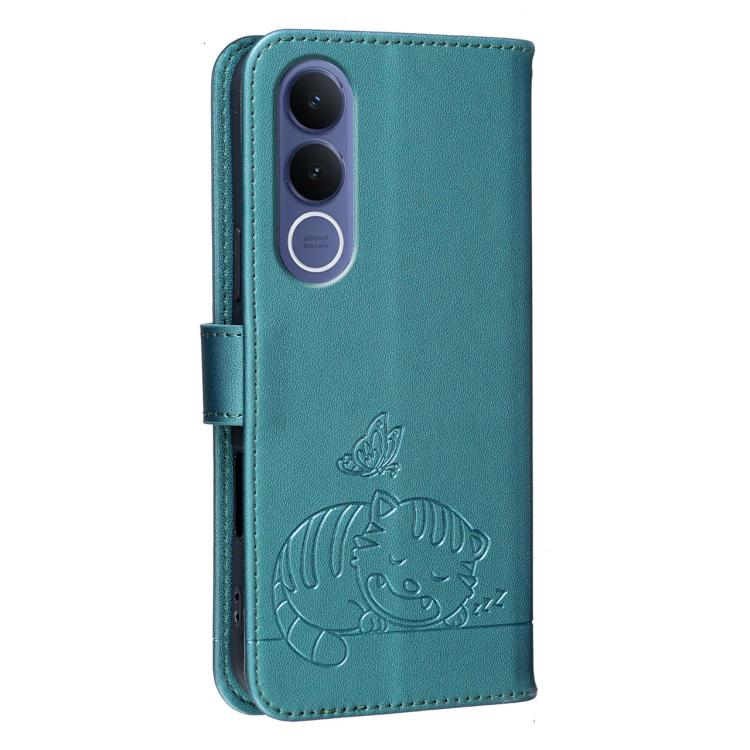 For vivo V70 FE 5G Cat Butterfly Embossed RFID Vegan Leather Phone Case with Strap