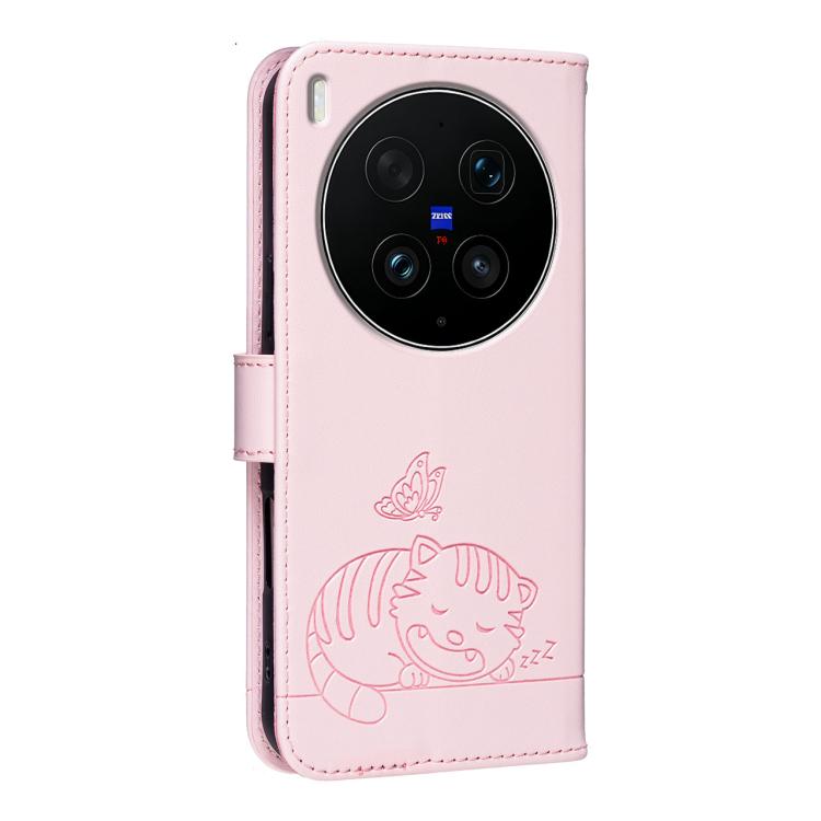 For vivo X300 Ultra Cat Butterfly Embossed RFID Vegan Leather Phone Case with Strap