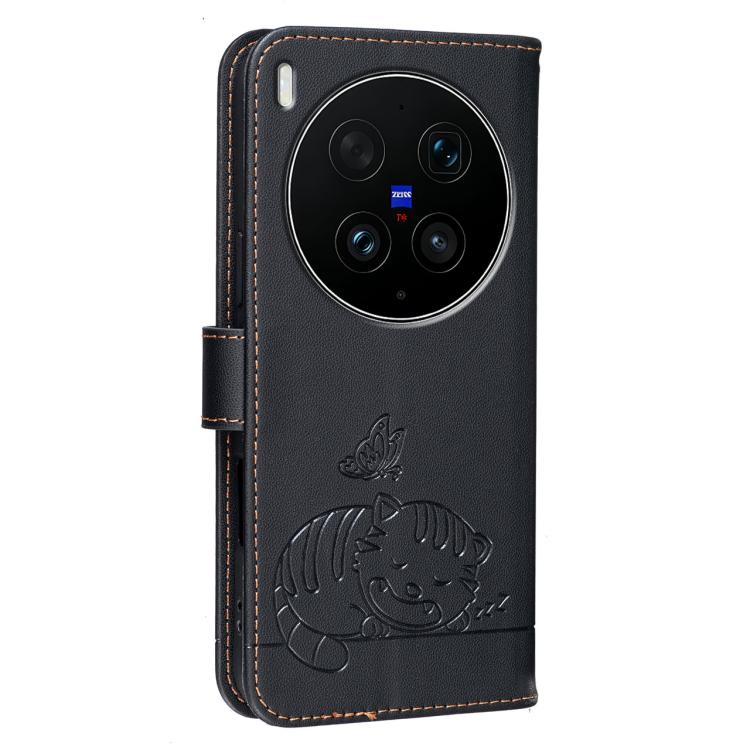For vivo X300 Ultra Cat Butterfly Embossed RFID Vegan Leather Phone Case with Strap