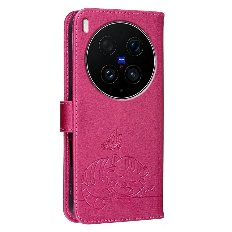 For vivo X300 Ultra Cat Butterfly Embossed RFID Vegan Leather Phone Case with Strap