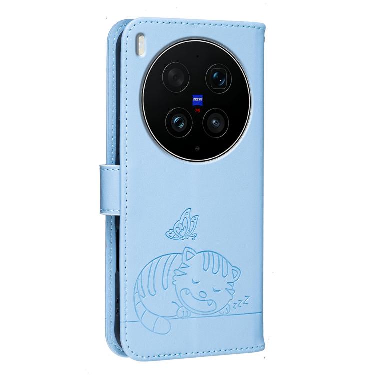 For vivo X300 Ultra Cat Butterfly Embossed RFID Vegan Leather Phone Case with Strap