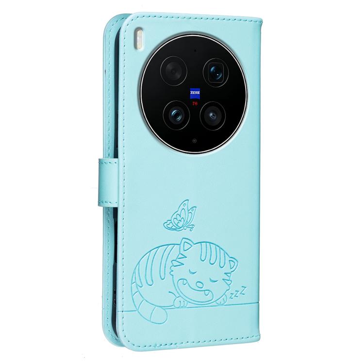 For vivo X300 Ultra Cat Butterfly Embossed RFID Vegan Leather Phone Case with Strap