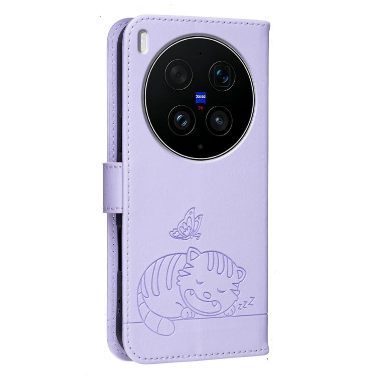 For vivo X300 Ultra Cat Butterfly Embossed RFID Vegan Leather Phone Case with Strap