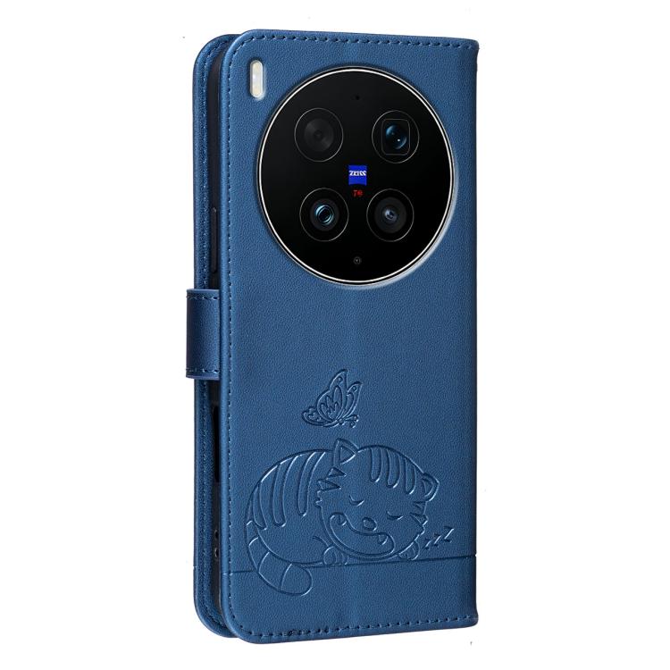 For vivo X300 Ultra Cat Butterfly Embossed RFID Vegan Leather Phone Case with Strap