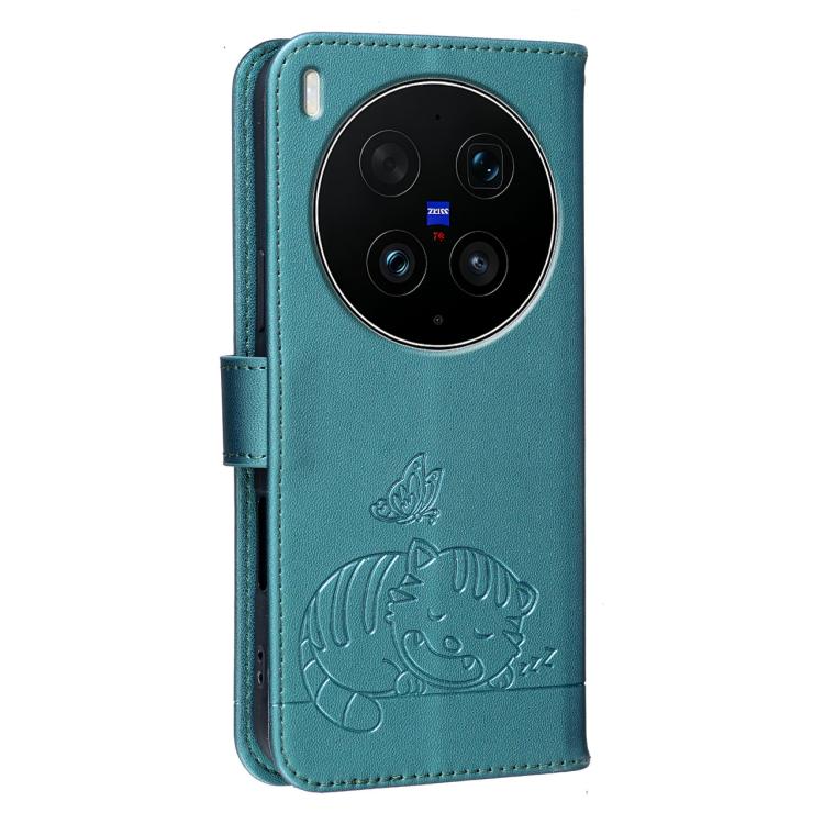 For vivo X300 Ultra Cat Butterfly Embossed RFID Vegan Leather Phone Case with Strap