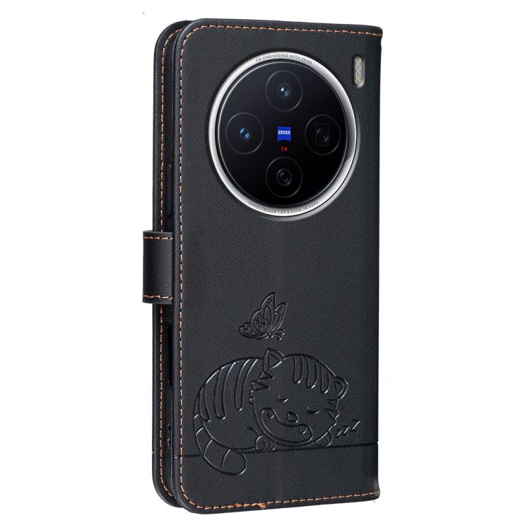 For vivo X300s Cat Butterfly Embossed RFID Vegan Leather Phone Case with Strap