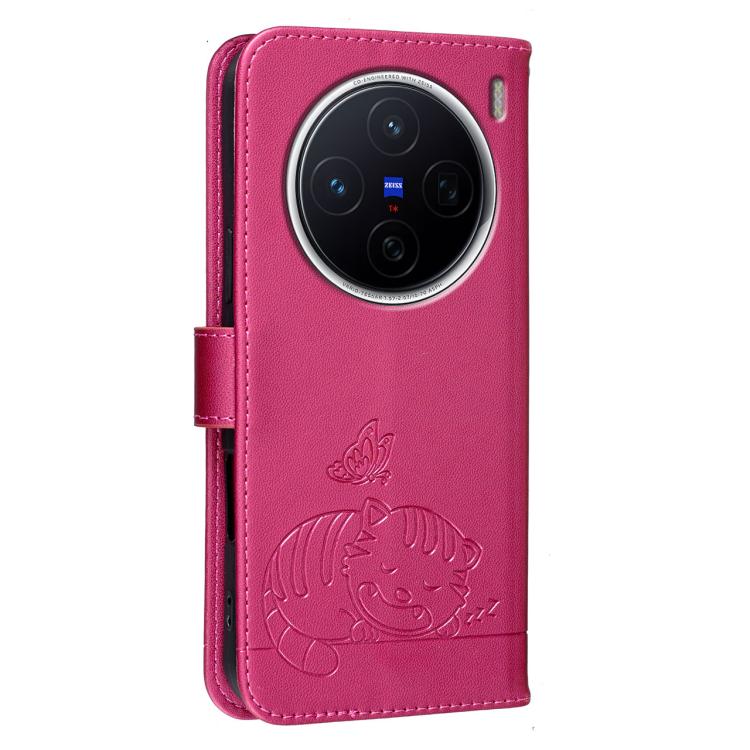 For vivo X300s Cat Butterfly Embossed RFID Vegan Leather Phone Case with Strap