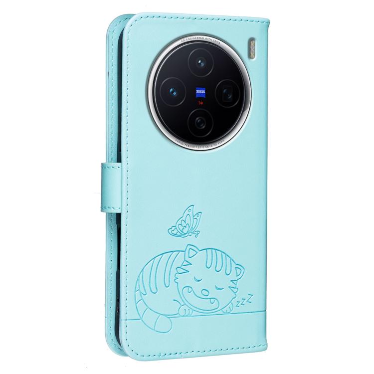 For vivo X300s Cat Butterfly Embossed RFID Vegan Leather Phone Case with Strap