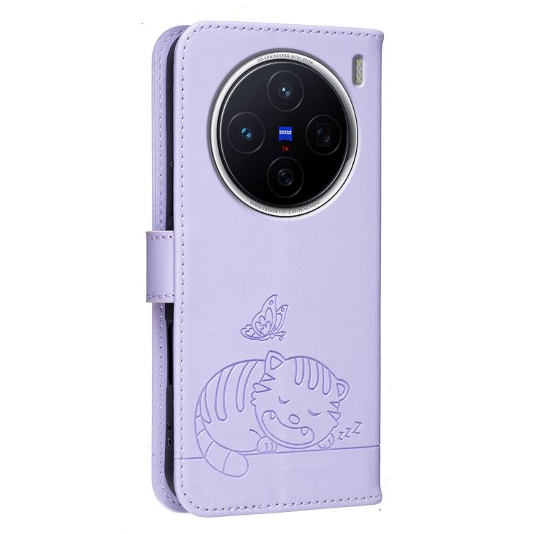 For vivo X300s Cat Butterfly Embossed RFID Vegan Leather Phone Case with Strap