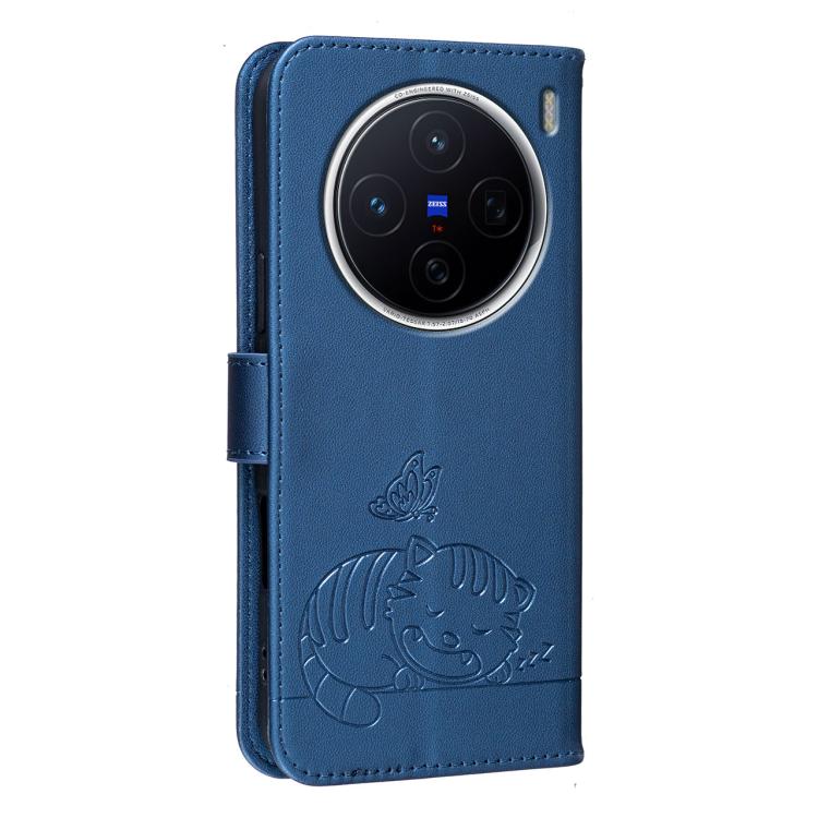 For vivo X300s Cat Butterfly Embossed RFID Vegan Leather Phone Case with Strap