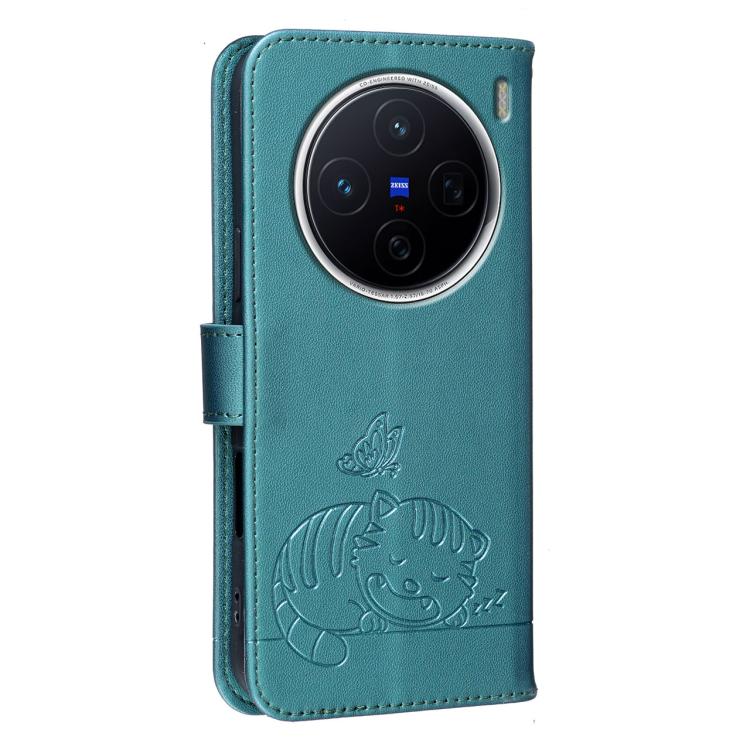 For vivo X300s Cat Butterfly Embossed RFID Vegan Leather Phone Case with Strap