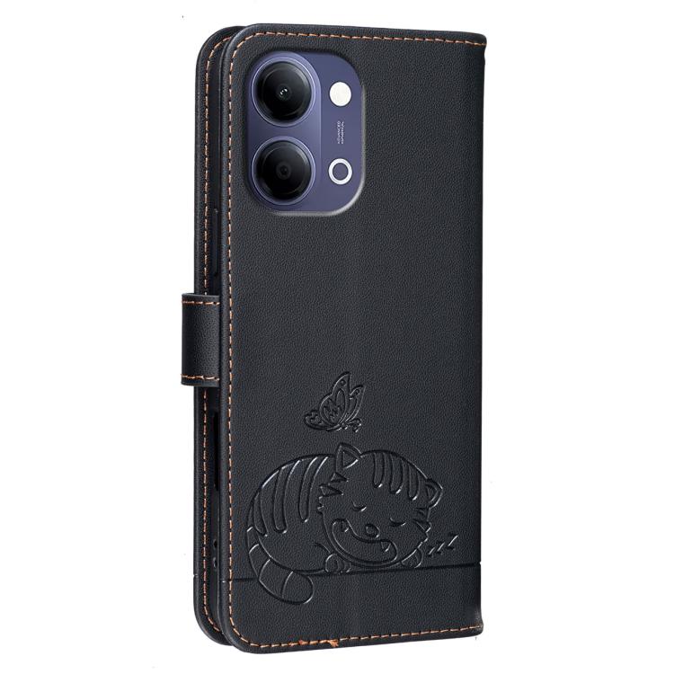 For vivo Y05 4G Cat Butterfly Embossed RFID Vegan Leather Phone Case with Strap
