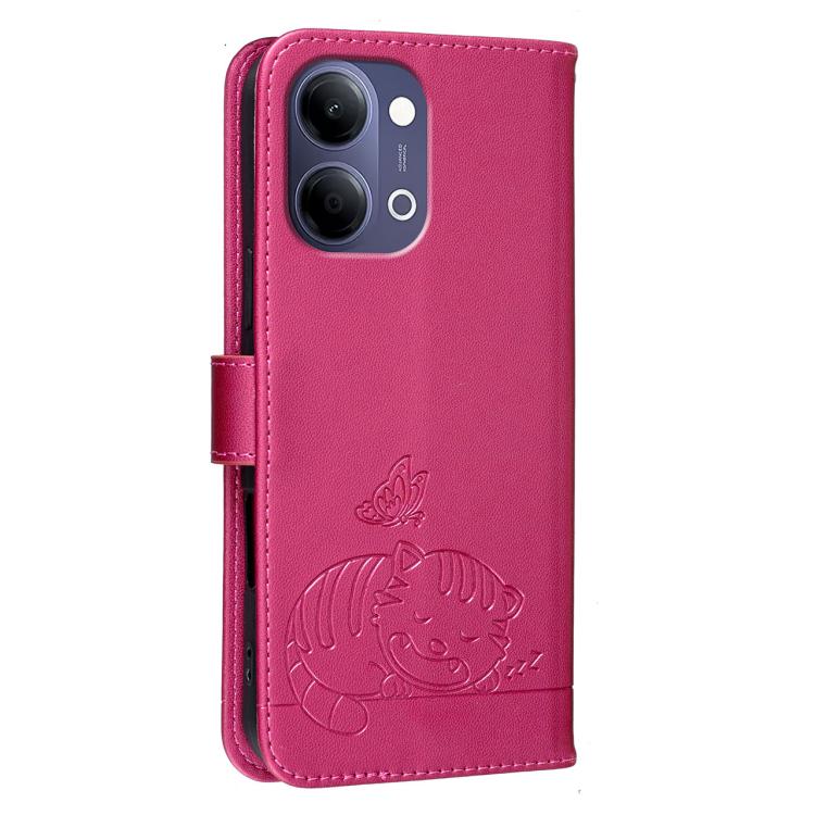 For vivo Y05 4G Cat Butterfly Embossed RFID Vegan Leather Phone Case with Strap