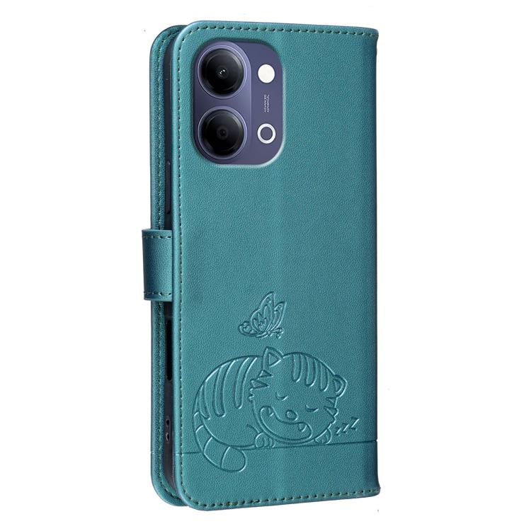 For vivo Y05 4G Cat Butterfly Embossed RFID Vegan Leather Phone Case with Strap