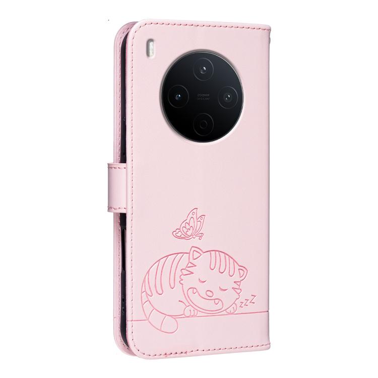 For vivo Y500 Pro 5G Cat Butterfly Embossed RFID Vegan Leather Phone Case with Strap