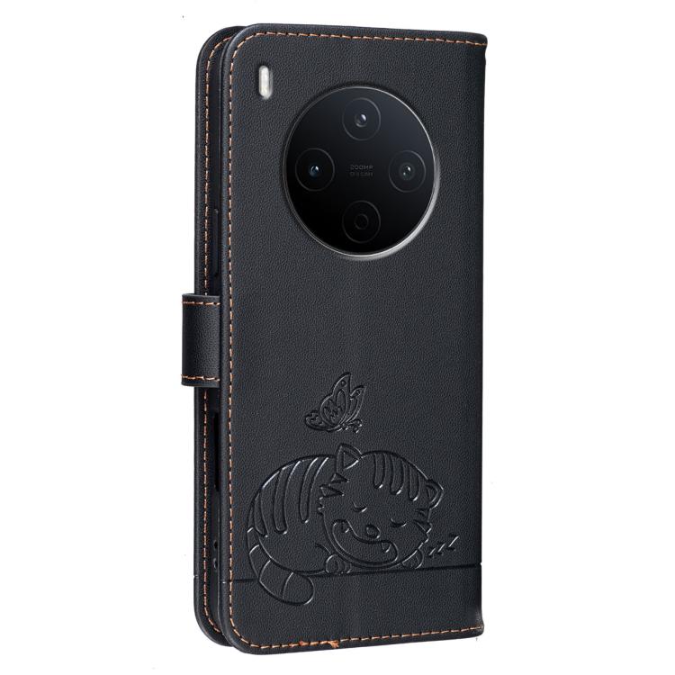 For vivo Y500 Pro 5G Cat Butterfly Embossed RFID Vegan Leather Phone Case with Strap