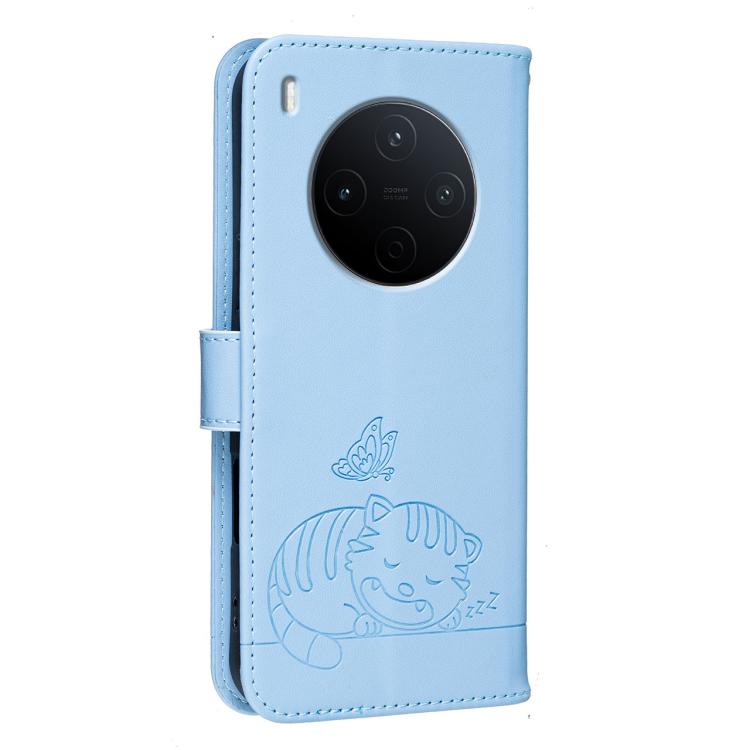 For vivo Y500 Pro 5G Cat Butterfly Embossed RFID Vegan Leather Phone Case with Strap