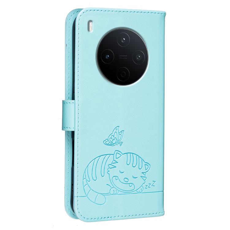 For vivo Y500 Pro 5G Cat Butterfly Embossed RFID Vegan Leather Phone Case with Strap