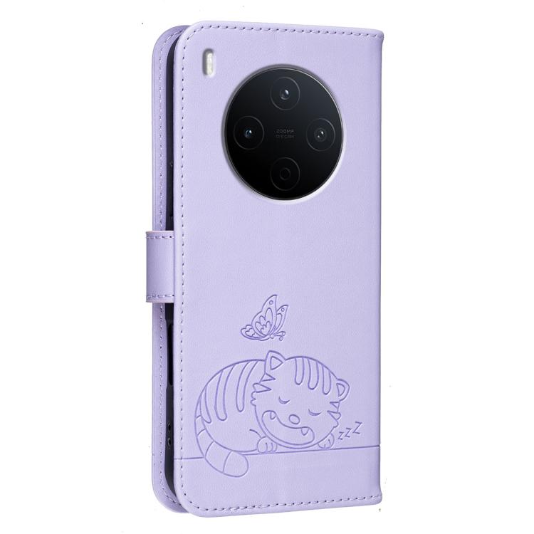 For vivo Y500 Pro 5G Cat Butterfly Embossed RFID Vegan Leather Phone Case with Strap