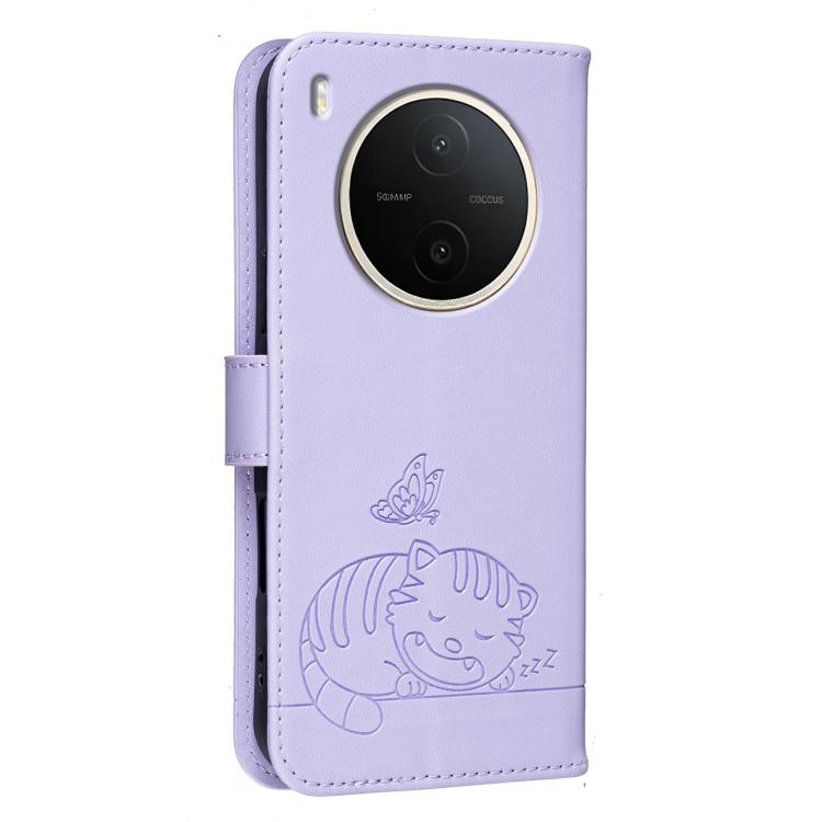 For vivo Y600 Pro 5G Cat Butterfly Embossed RFID Vegan Leather Phone Case with Strap