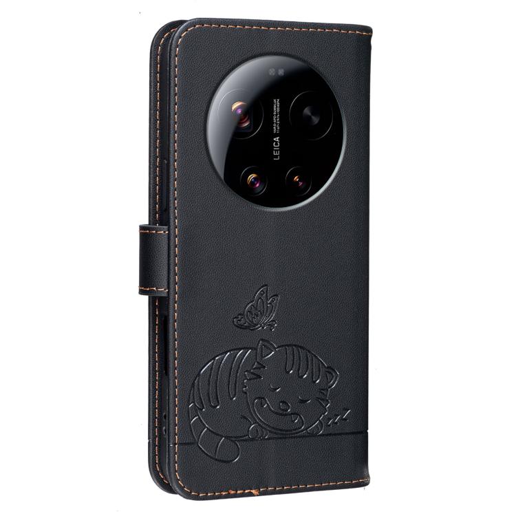 For Xiaomi 17 Ultra Cat Butterfly Embossed RFID Vegan Leather Phone Case with Strap