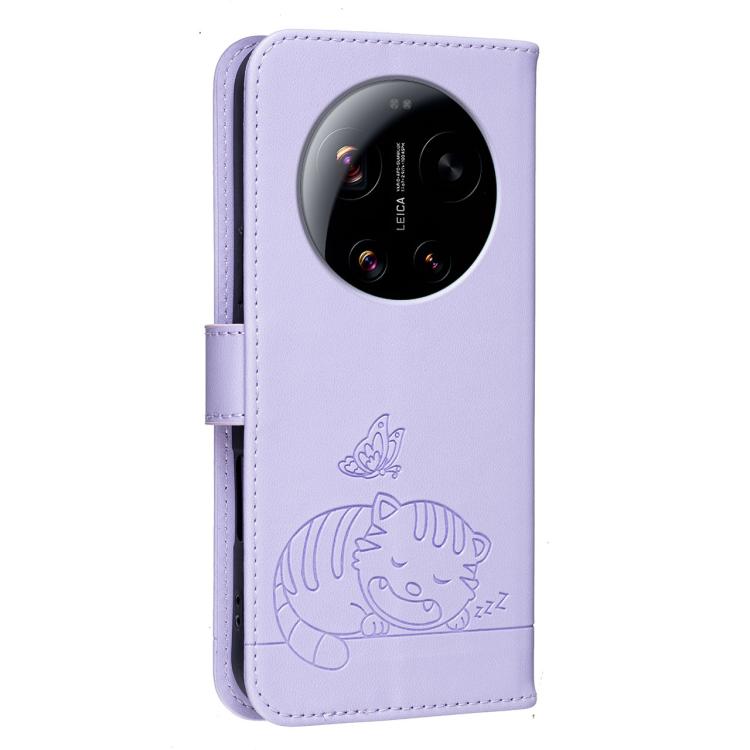 For Xiaomi 17 Ultra Cat Butterfly Embossed RFID Vegan Leather Phone Case with Strap