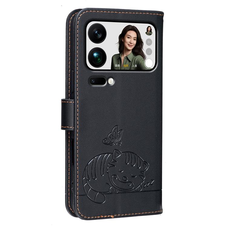 For Xiaomi 17 ProMax Cat Butterfly Embossed RFID Vegan Leather Phone Case with Strap